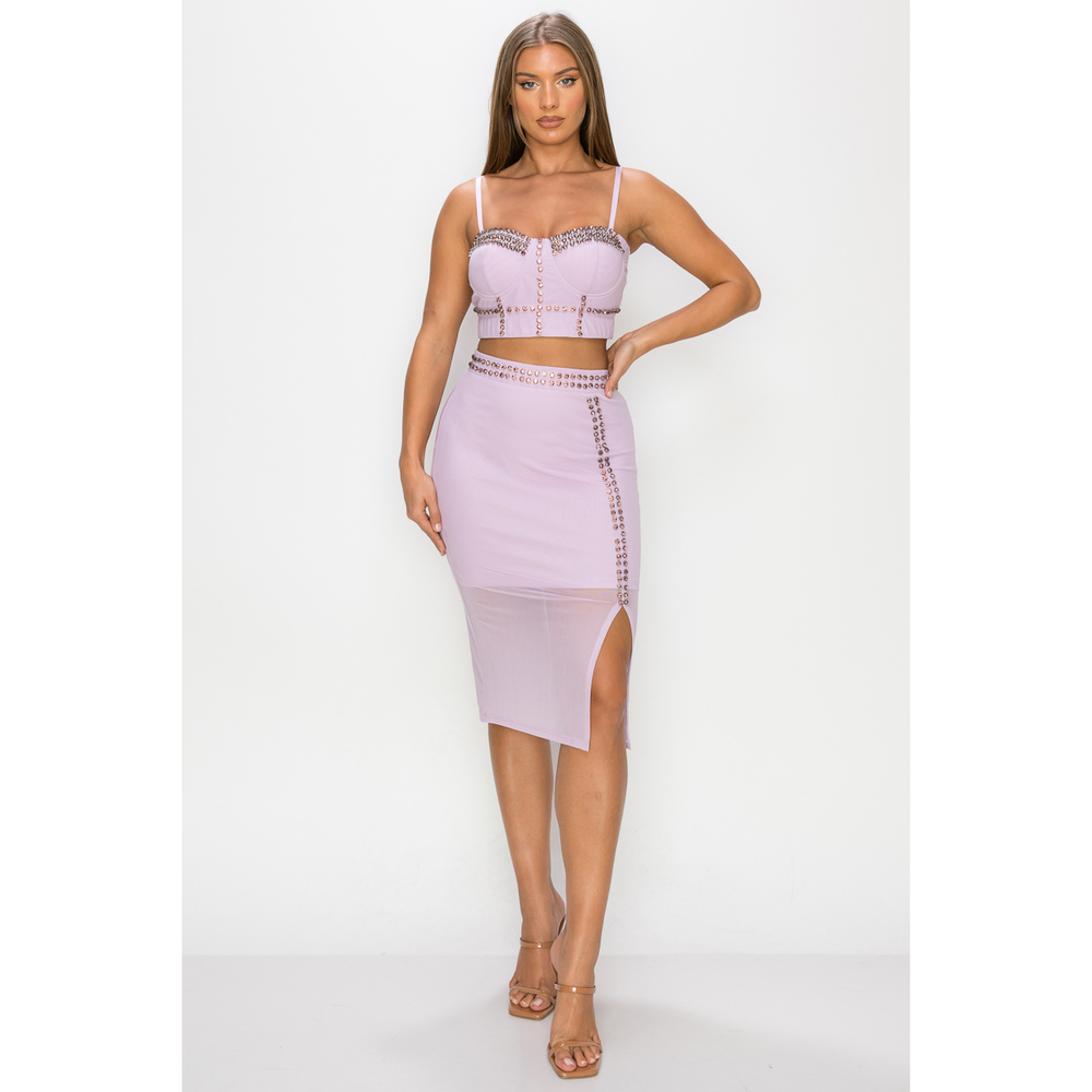 Studded Stone Cami Top & Slit Mini Skirts Set - Picture 2 of 9